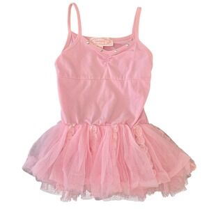 Popatu Tutu Leotard Pink Dress Tulle Rhinestone Rosettes V-Neck Size Small 3Y-4Y